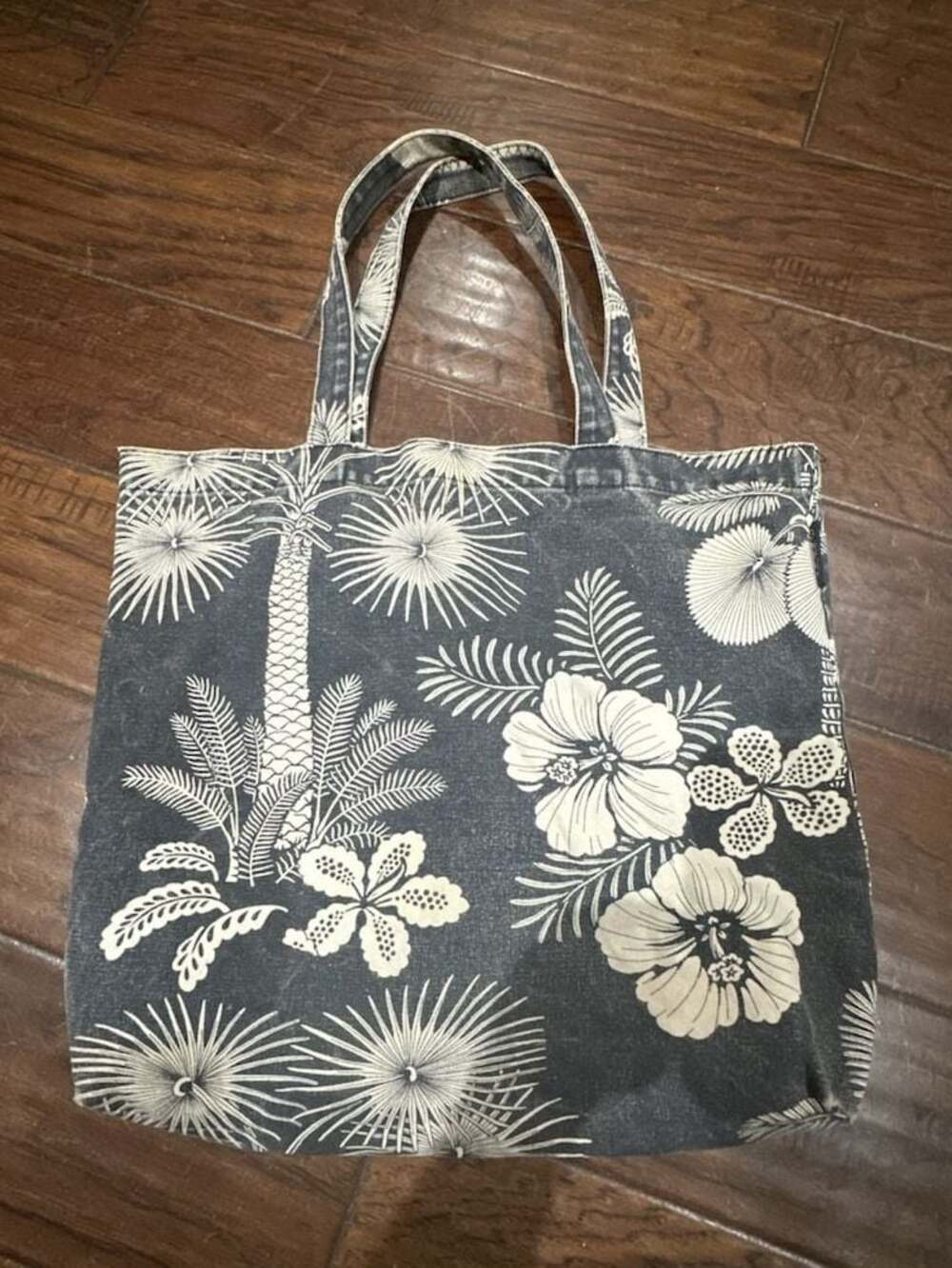 J. Crew Blue and White Tropical Palm Floral Print Canvas Tote Bag